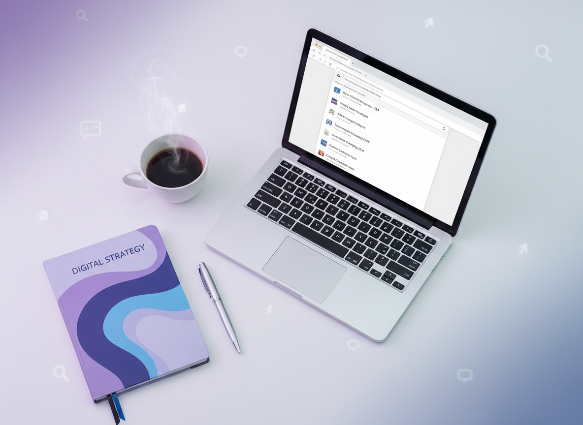 A professional, modern flat-lay image showing a laptop with an open email inbox on screen, surrounded by a coffee cup, notebook, and pen on a clean white desk. Soft purple and blue tones. Digital marketing theme.