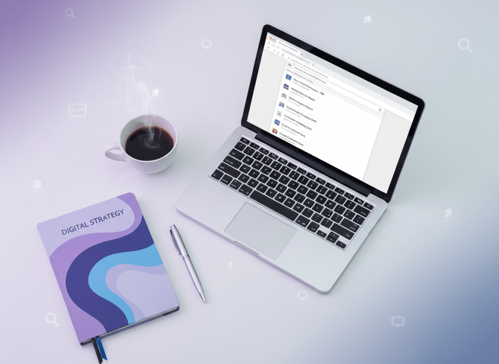 A professional, modern flat-lay image showing a laptop with an open email inbox on screen, surrounded by a coffee cup, notebook, and pen on a clean white desk. Soft purple and blue tones. Digital marketing theme.