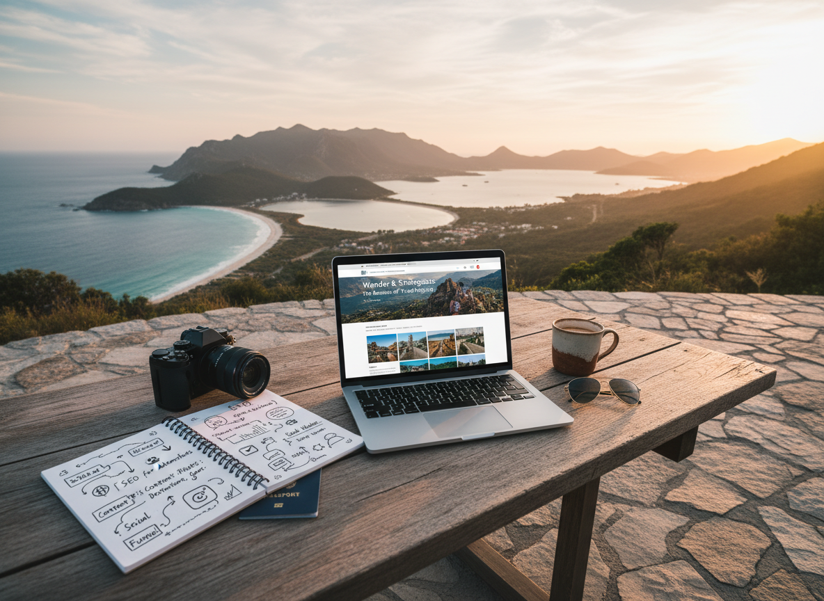 A high-resolution professional blog header image representing travel content marketing strategy. Scene shows a modern workspace setup outdoors: an open laptop displaying a travel blog layout, notebook with marketing notes and strategy sketches, camera and passport on a wooden table, overlooking a breathtaking mountain and coastline landscape at golden hour. Clean, academic yet adventurous tone. Natural lighting, cinematic, professional, no text overlay, wide composition suitable for blog header.