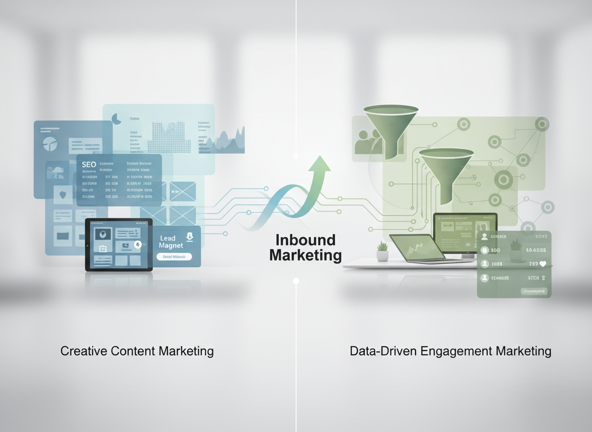 Professional, smart, modern blog feature image representing a strategic comparison between two inbound marketing approaches. Conceptual visual rather than literal brand depiction. Left side shows creative content marketing elements like design layouts, content planning boards, lead magnets, and SEO analytics dashboards in a clean minimalist workspace. Right side shows data-driven engagement marketing with user analytics graphs, personalization funnels, streaming-style engagement metrics, and community growth indicators. Center subtle upward growth arrow and connection nodes symbolizing inbound strategy success. Neutral professional color palette (soft blues, muted greens, subtle gradients). Clean corporate aesthetic, sharp detail, balanced composition, no brand logos, no text overlay. Suitable for blog post and fits within text width.