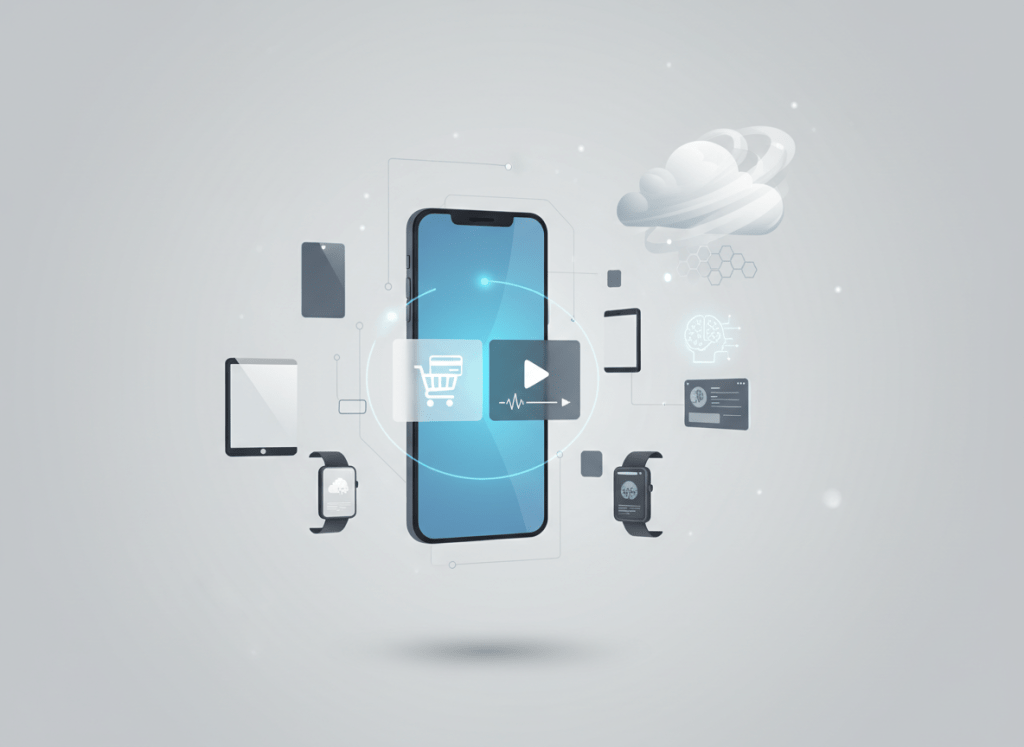 Modern professional corporate featured image representing consumer technology in 2025: smartphone, mobile devices, internet connectivity, e-commerce shopping, video streaming, AI digital interaction, cloud computing. Clean minimalist design with subtle tech elements. Neutral color palette with soft blues, grays, and whites. Professional business aesthetic, no text overlay, sophisticated and contemporary. Flat design with subtle 3D depth.
